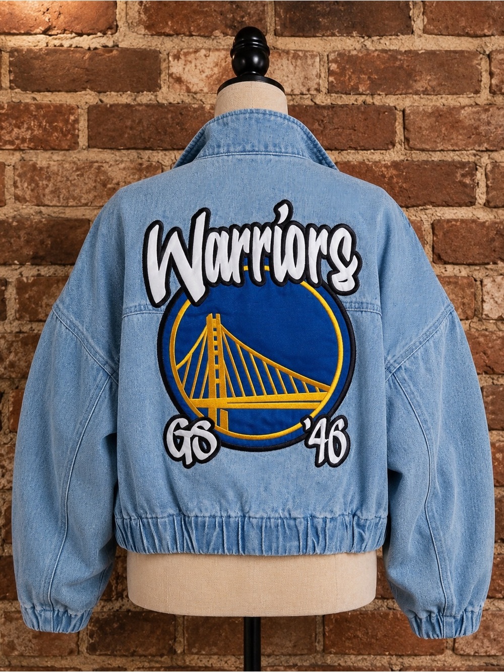 NBA Warriors Light Blue Denim Bomber Jacket with Blue & Gold Patch